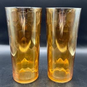 Vtg Jeannette Hex Optic Iridescent Marigold 16 oz Flat Timber 6.25” Set of 2